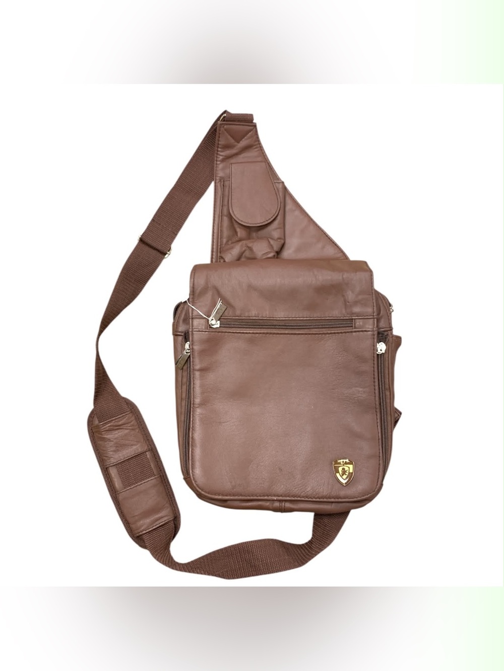 Heys Brown Leather Crossbody Messenger Bag with Shield Accent